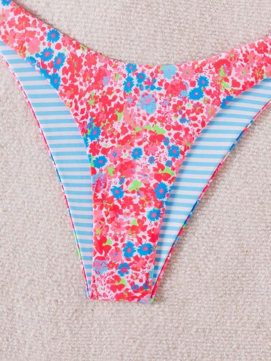 Women's two-piece halter bikini set featuring high cut thong bottoms and removable padding