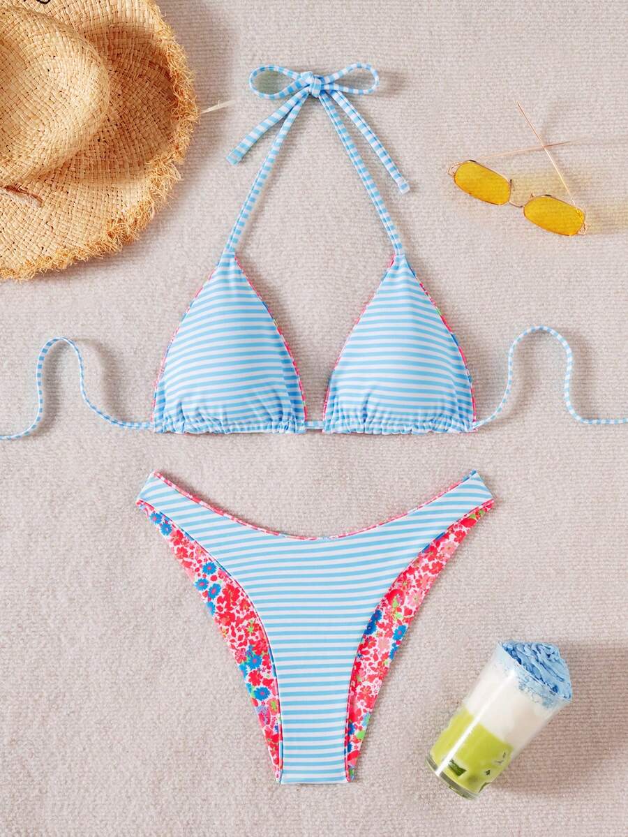 Women's two-piece halter bikini set featuring high cut thong bottoms and removable padding