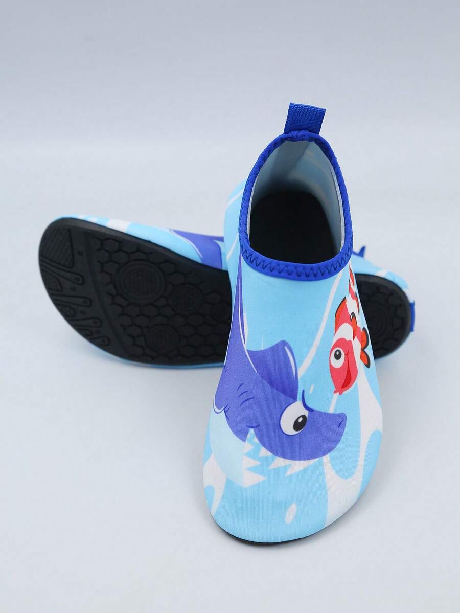 Kids slip-on aqua socks water shoes with breathable polyester upper and non-slip wear-resistant TPR outsole for boys and girls.