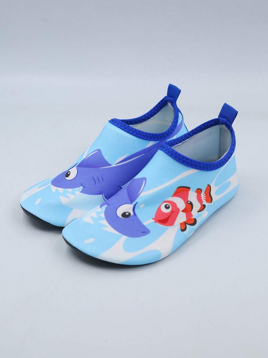 Kids slip-on aqua socks water shoes with breathable polyester upper and non-slip wear-resistant TPR outsole for boys and girls.