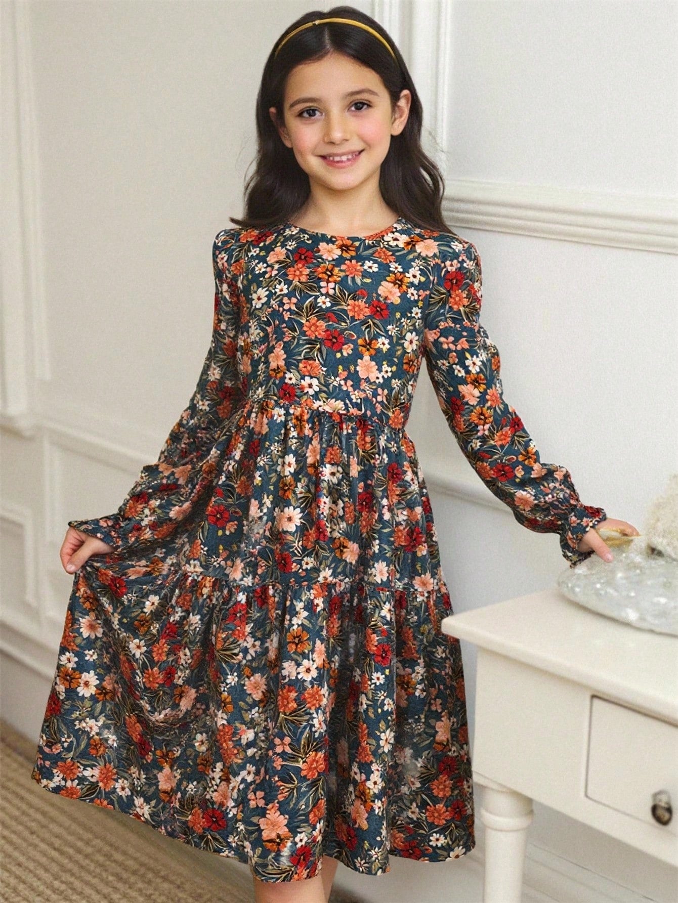 Multicolor floral print A-line dress for tween girls featuring a round neck, long flare sleeves, high waist, and flounce ruffle hem.