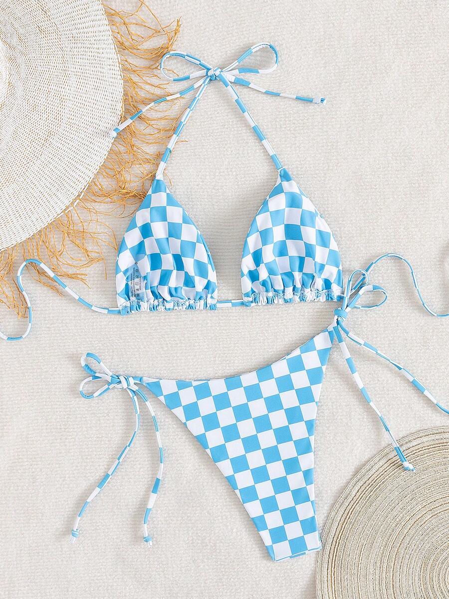 Multicolor striped halter neck two-piece bikini set featuring wireless triangle cups and low-waist tie-side bottoms.