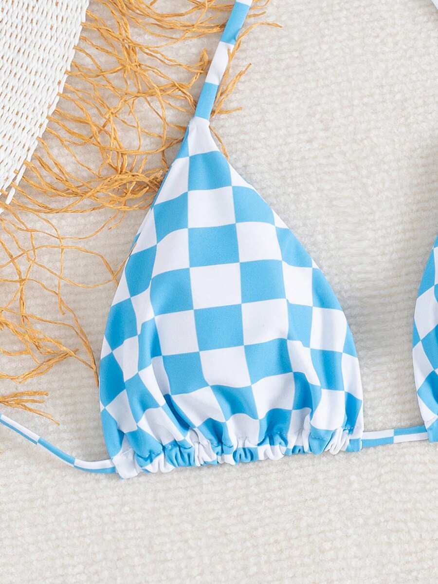 Multicolor striped halter neck two-piece bikini set featuring wireless triangle cups and low-waist tie-side bottoms.
