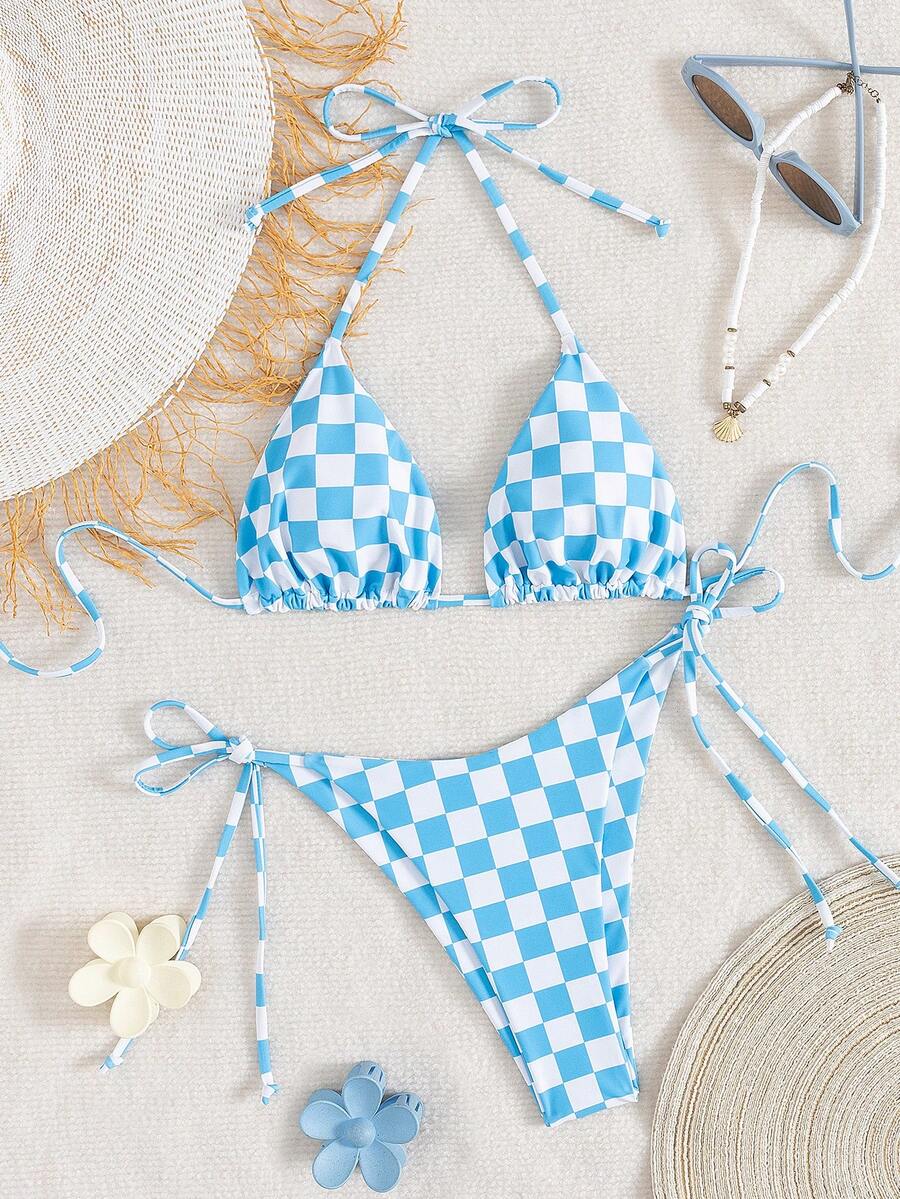 Multicolor striped halter neck two-piece bikini set featuring wireless triangle cups and low-waist tie-side bottoms.
