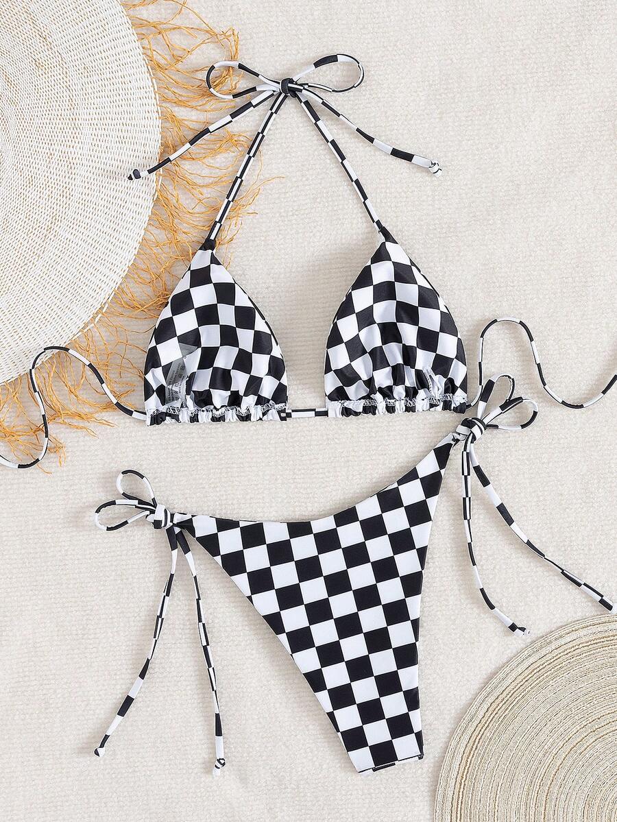 Multicolor striped halter neck two-piece bikini set featuring wireless triangle cups and low-waist tie-side bottoms.