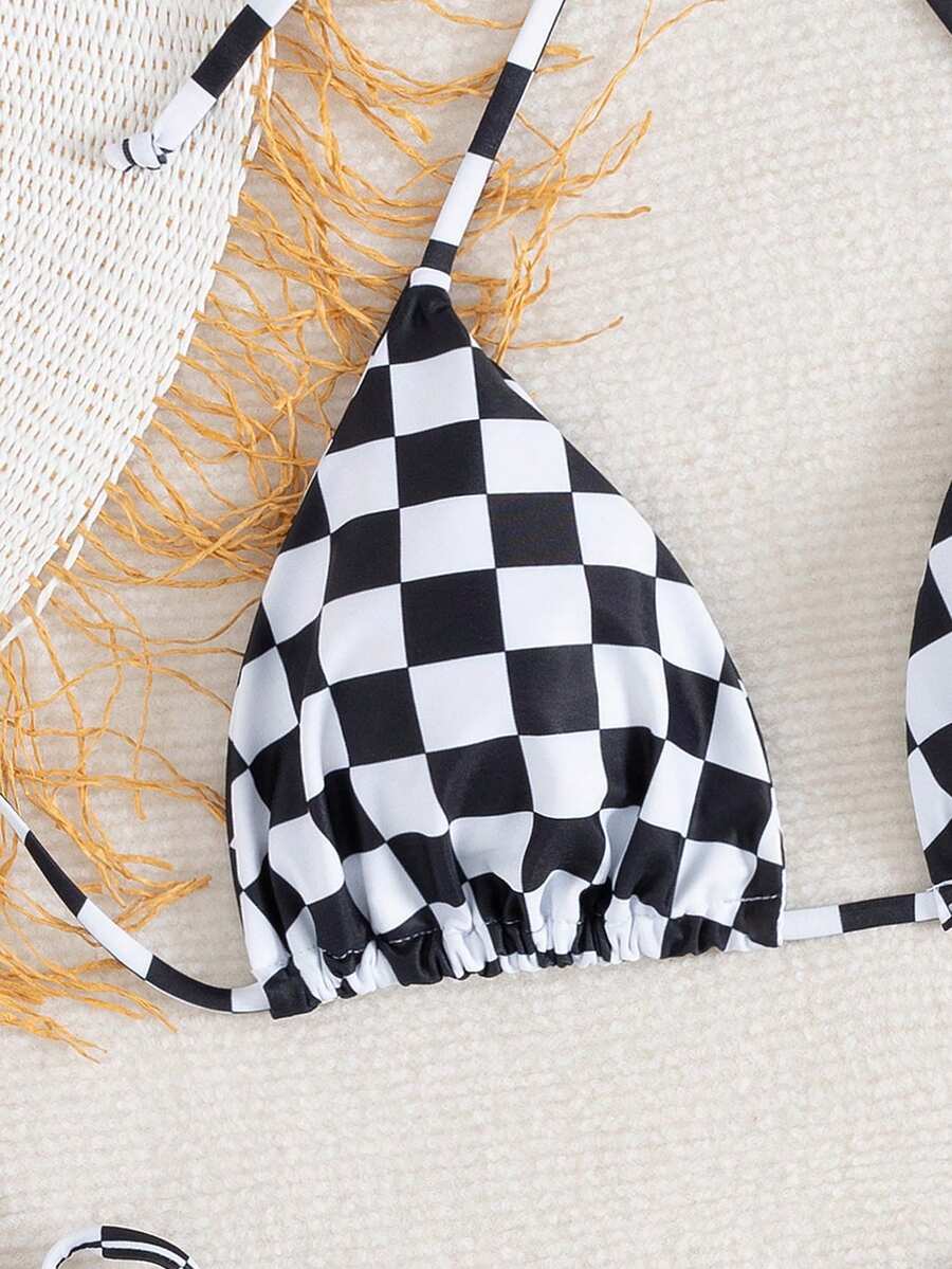 Multicolor striped halter neck two-piece bikini set featuring wireless triangle cups and low-waist tie-side bottoms.