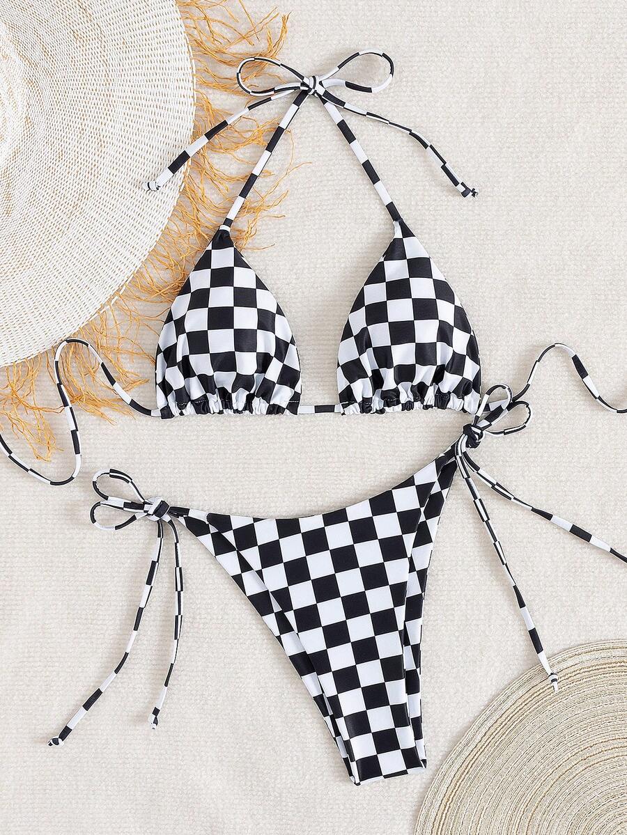 Multicolor striped halter neck two-piece bikini set featuring wireless triangle cups and low-waist tie-side bottoms.