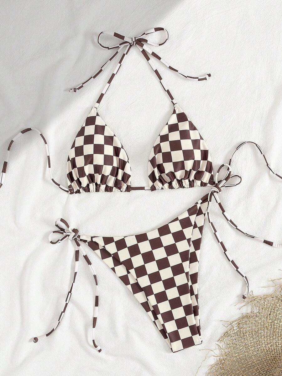 Multicolor striped halter neck two-piece bikini set featuring wireless triangle cups and low-waist tie-side bottoms.