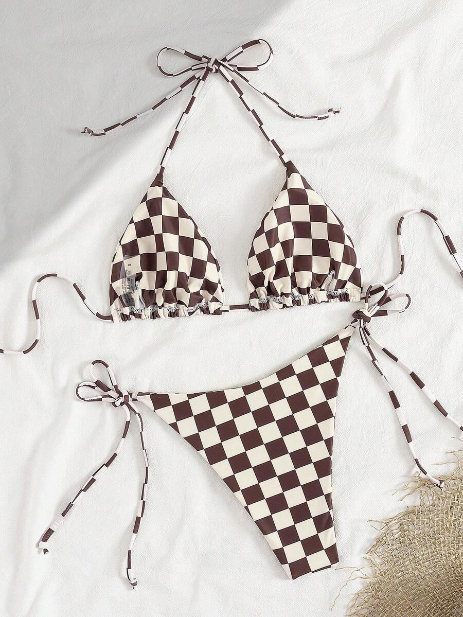Multicolor striped halter neck two-piece bikini set featuring wireless triangle cups and low-waist tie-side bottoms.