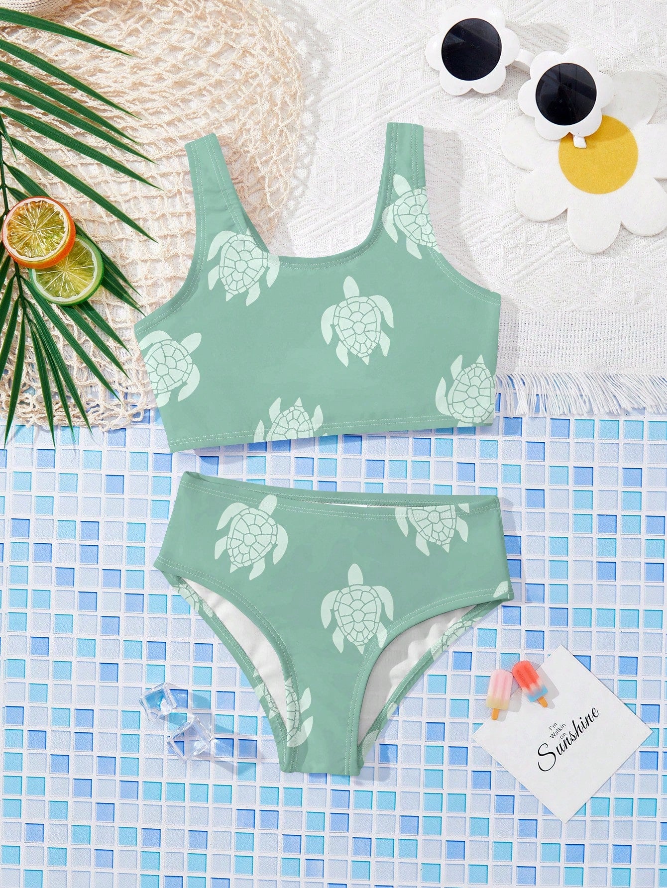 Girls multicolor floral print bikini set with strap sleeveless top and high waist mid waist bottom for summer vacation beachwear