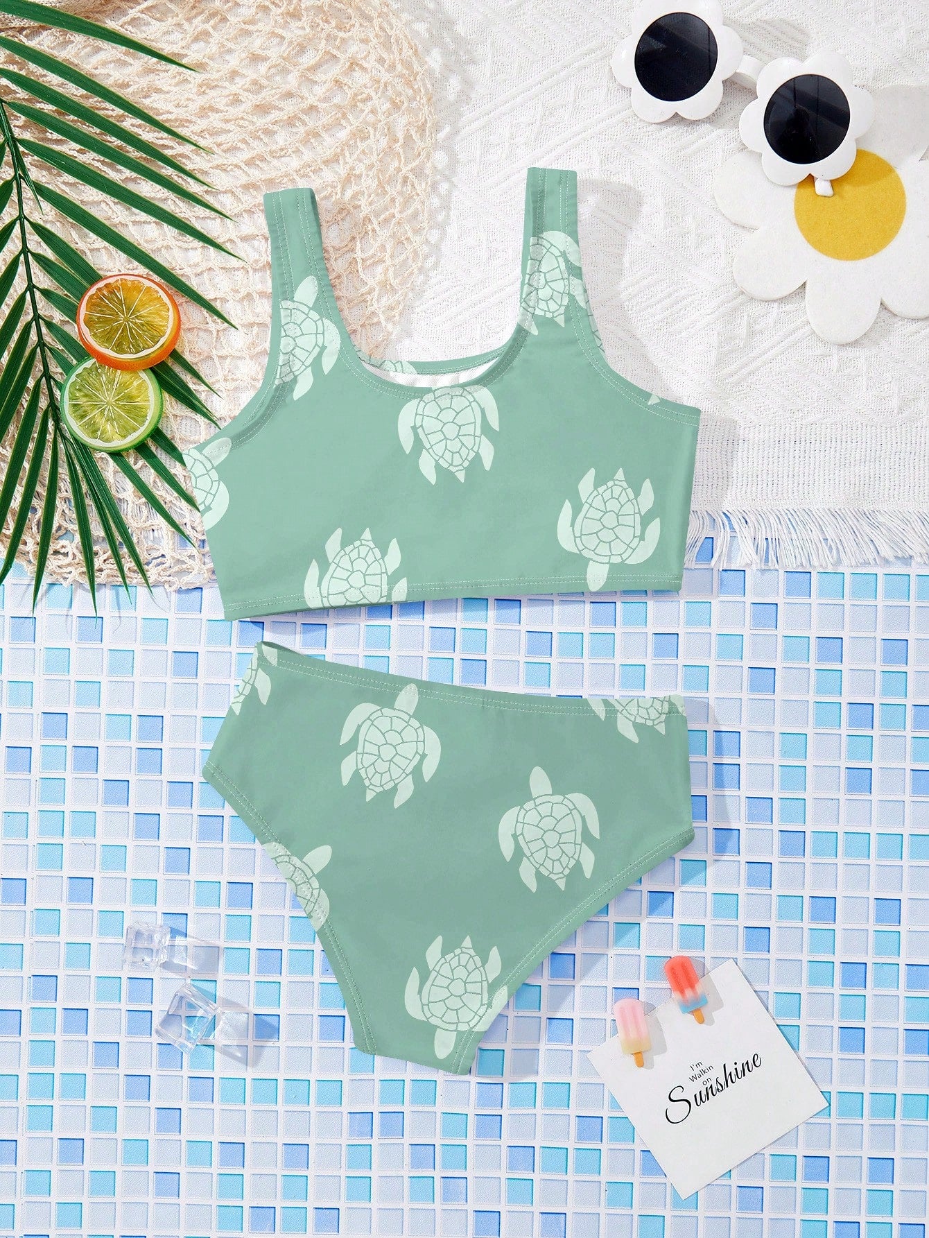Girls multicolor floral print bikini set with strap sleeveless top and high waist mid waist bottom for summer vacation beachwear