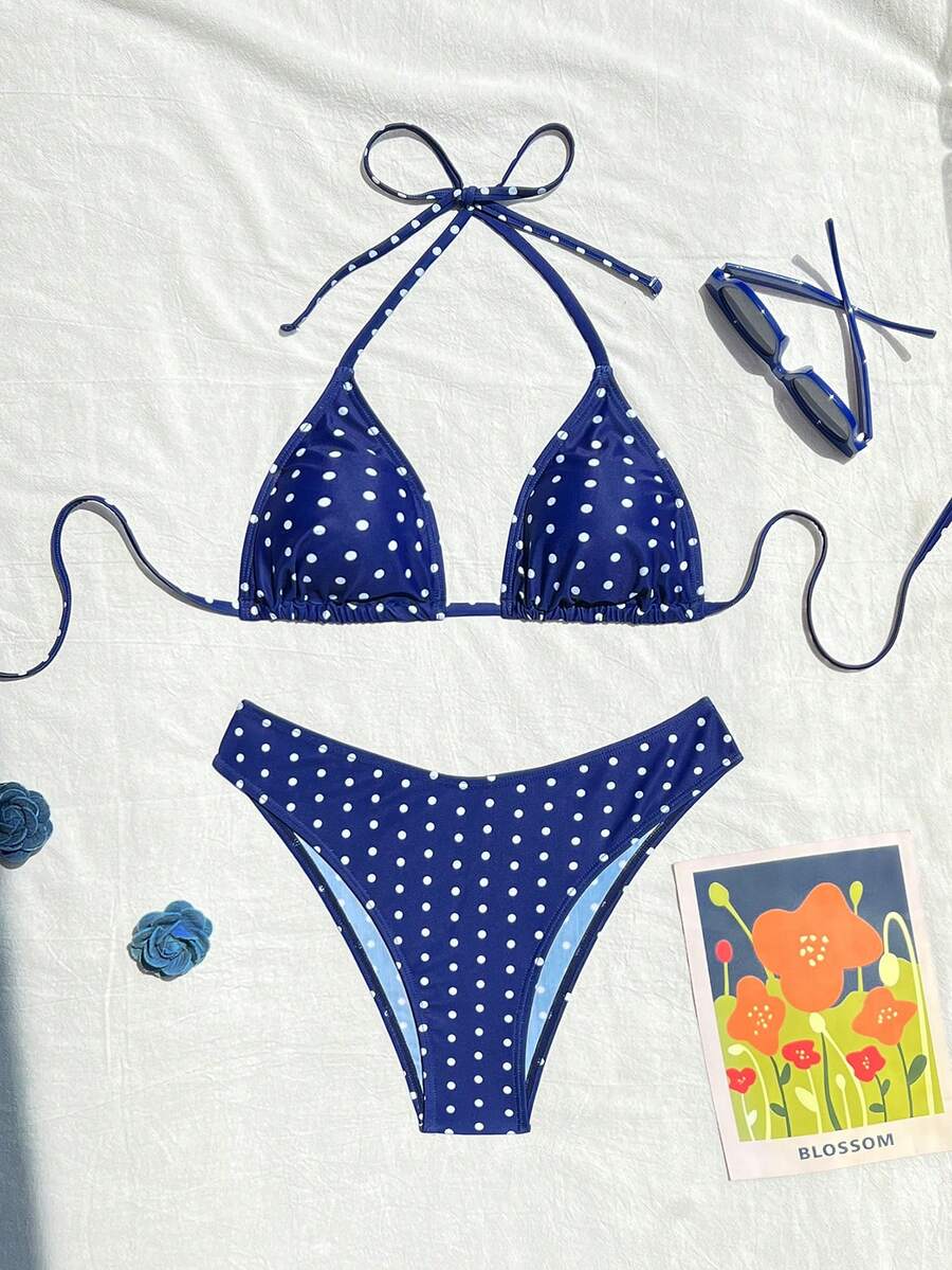 Women's apricot 2-piece halter bikini set featuring a wireless triangle top with tie-back detail and high-waisted high-cut bottoms.