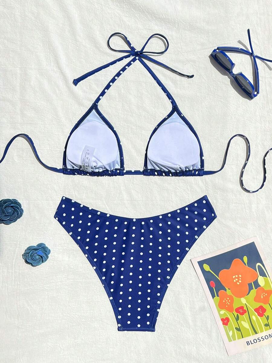 Women's apricot 2-piece halter bikini set featuring a wireless triangle top with tie-back detail and high-waisted high-cut bottoms.