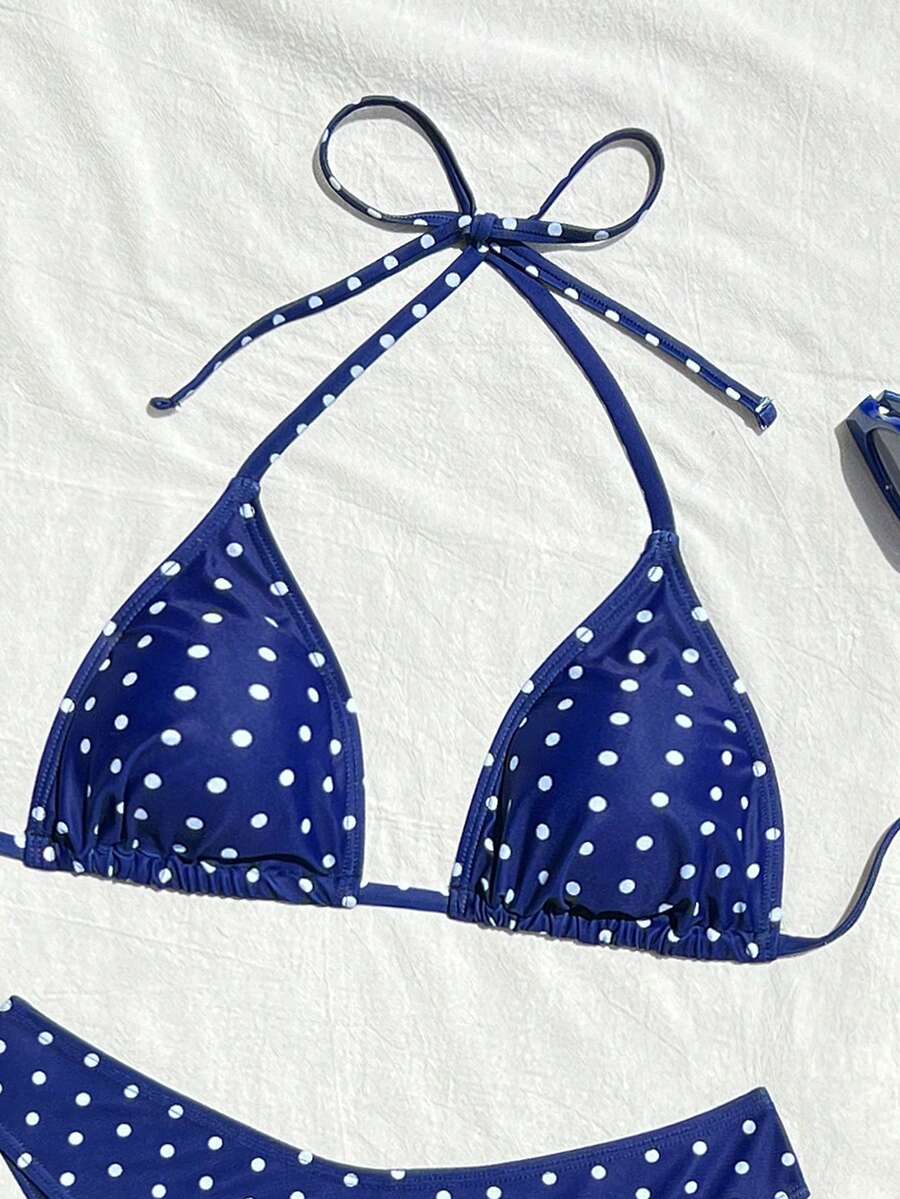 Women's apricot 2-piece halter bikini set featuring a wireless triangle top with tie-back detail and high-waisted high-cut bottoms.