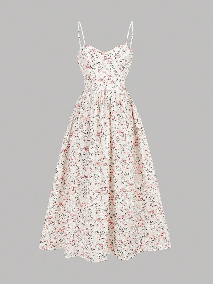 Tween girl pink ditsy floral camisole long dress with spaghetti straps, shirred ruched bust, high waist, and flared hem