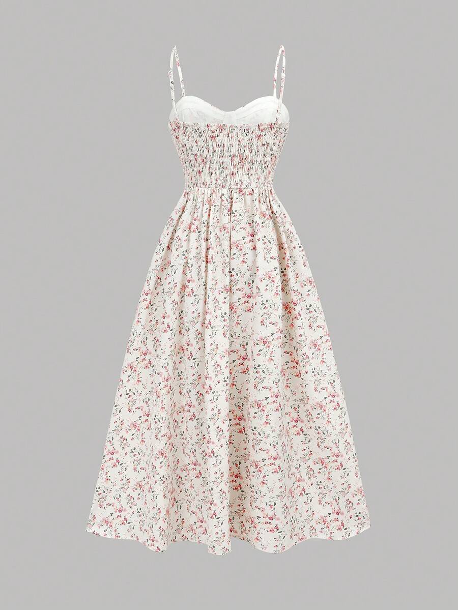 Tween girl pink ditsy floral camisole long dress with spaghetti straps, shirred ruched bust, high waist, and flared hem
