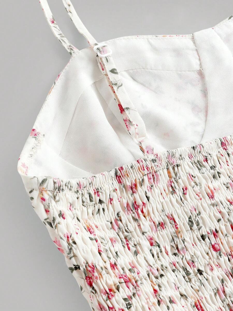 Tween girl pink ditsy floral camisole long dress with spaghetti straps, shirred ruched bust, high waist, and flared hem
