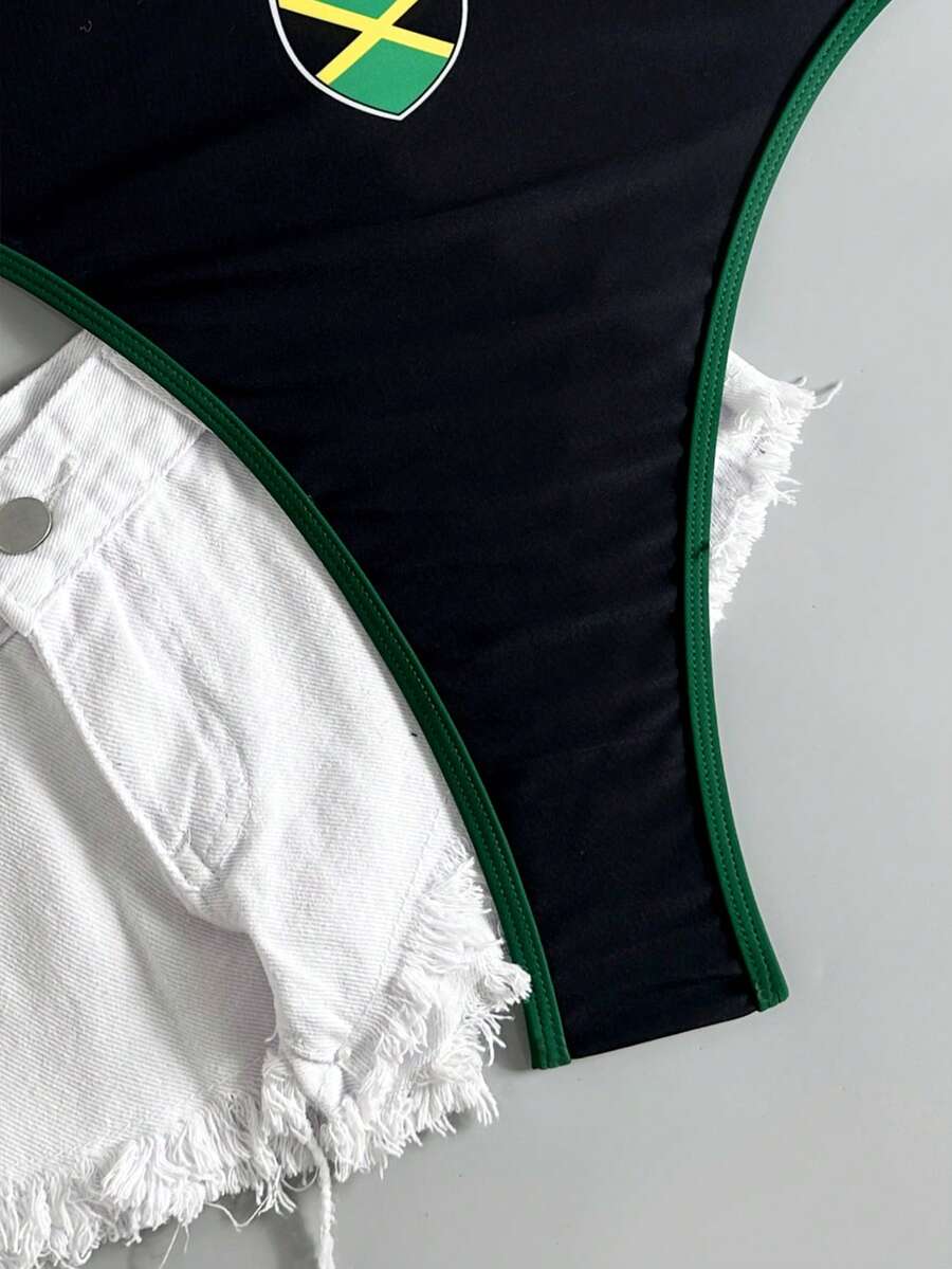 Multicolor printed high cut one-piece swimsuit for women featuring a halter neck, backless lace-up detail, and contrast binding.