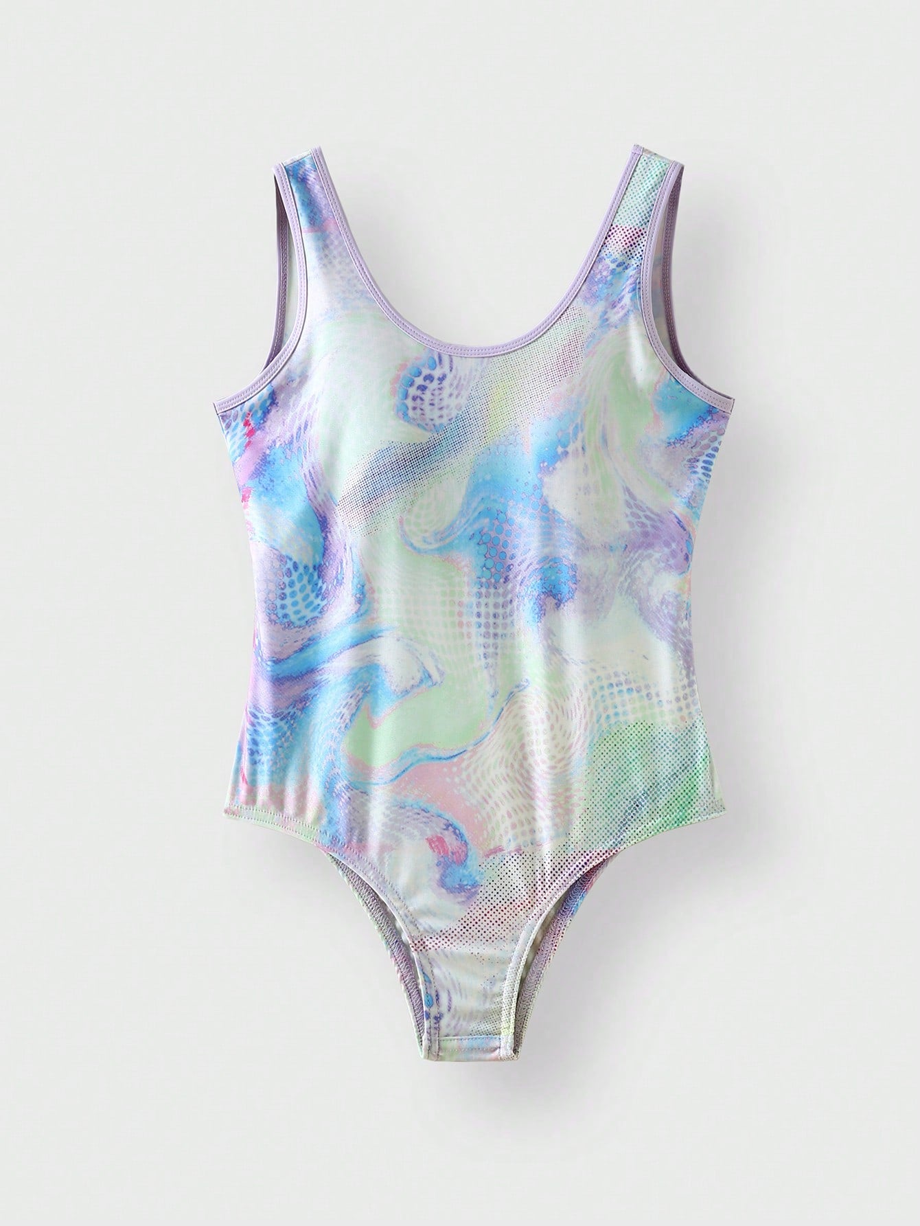 Multicolor tie-dye one-piece swimsuit for tween girls with scoop neck, wireless bra, mid-waist bottom, and high-stretch fabric
