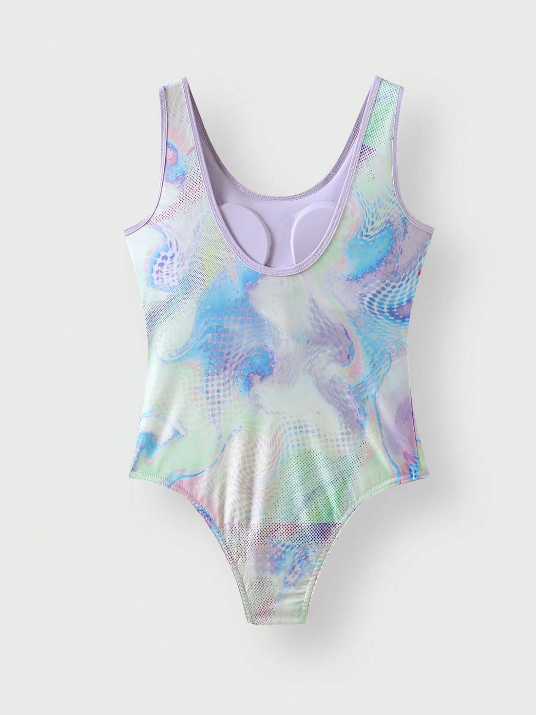 Multicolor tie-dye one-piece swimsuit for tween girls with scoop neck, wireless bra, mid-waist bottom, and high-stretch fabric