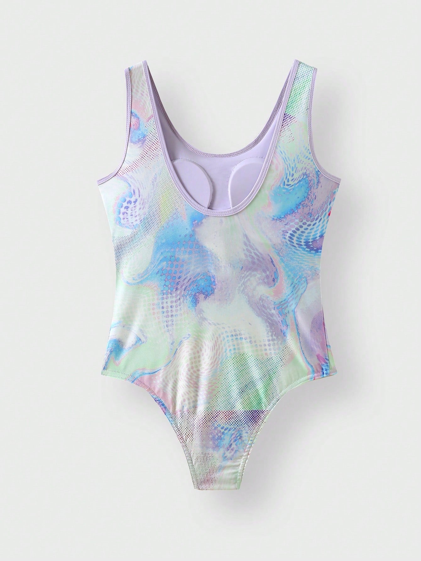 Multicolor tie-dye one-piece swimsuit for tween girls with scoop neck, wireless bra, mid-waist bottom, and high-stretch fabric