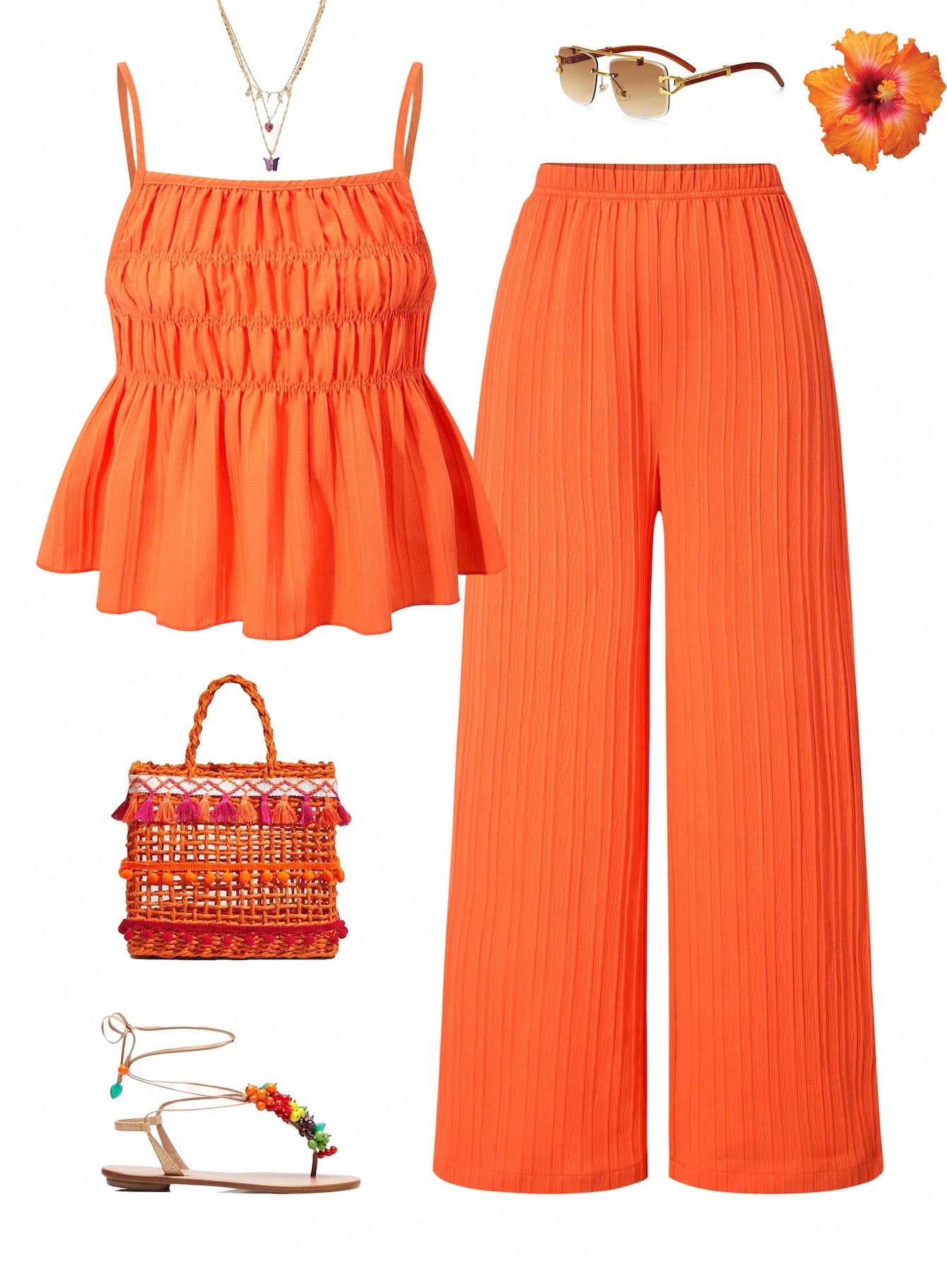 Tween girl wearing an apricot 2-piece outfit set featuring a shirred spaghetti strap short cami top and matching wide-leg long pants.