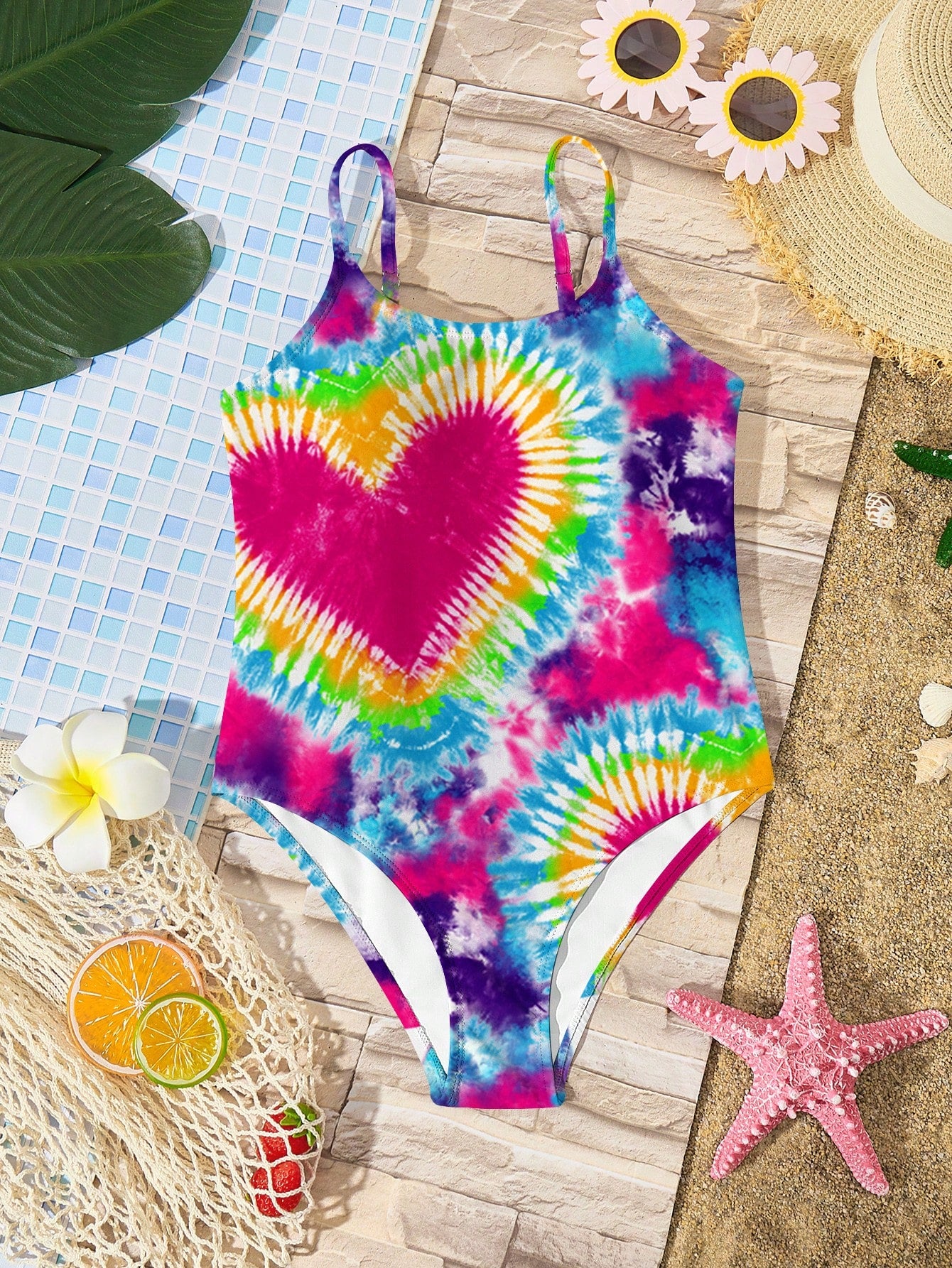 Tween girls multicolor one-piece swimsuit with cut-out detail, spaghetti straps, all-over tie-dye style print, and natural mid-waist bottom for beach and vacation wear.