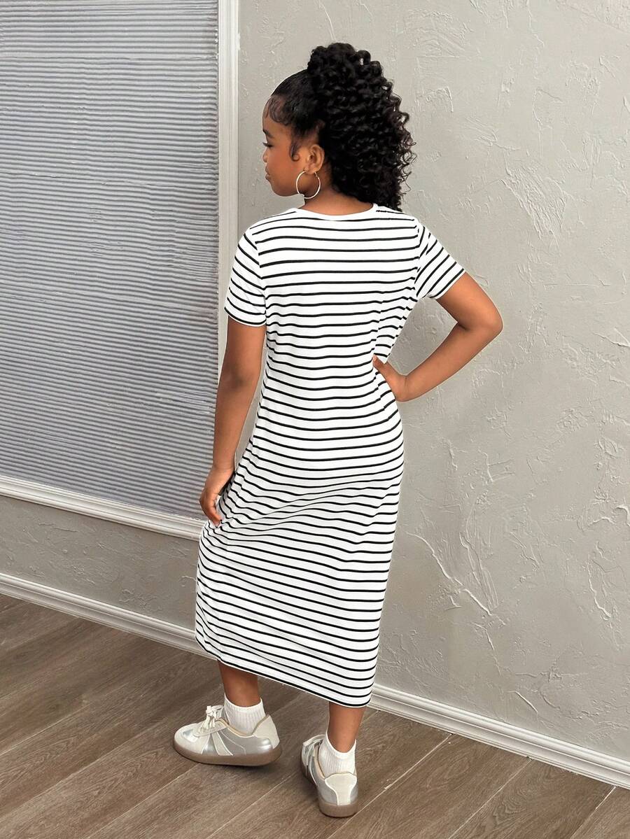 Black and white striped long casual dress for tween girls featuring a round neck, short sleeves, side split, and side pockets.