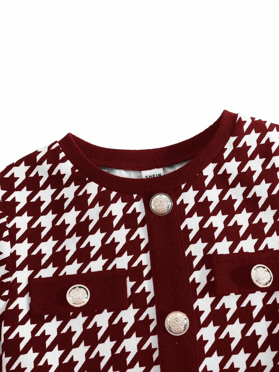 Nova Glow tween girls black and white houndstooth print short sleeve A-line dress with decorative buttons and crew neckline.