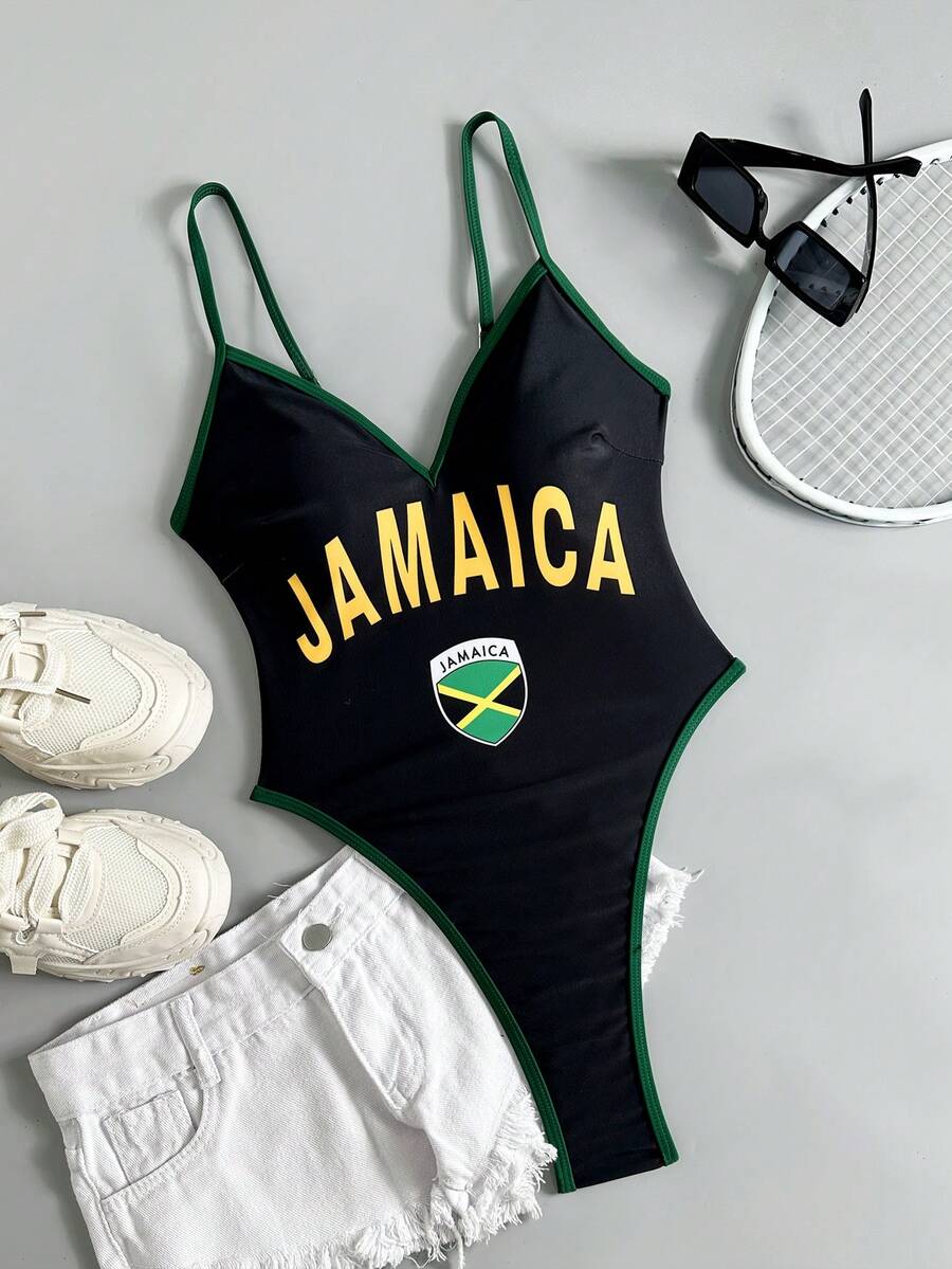 Multicolor printed high cut one-piece swimsuit for women featuring a halter neck, backless lace-up detail, and contrast binding.