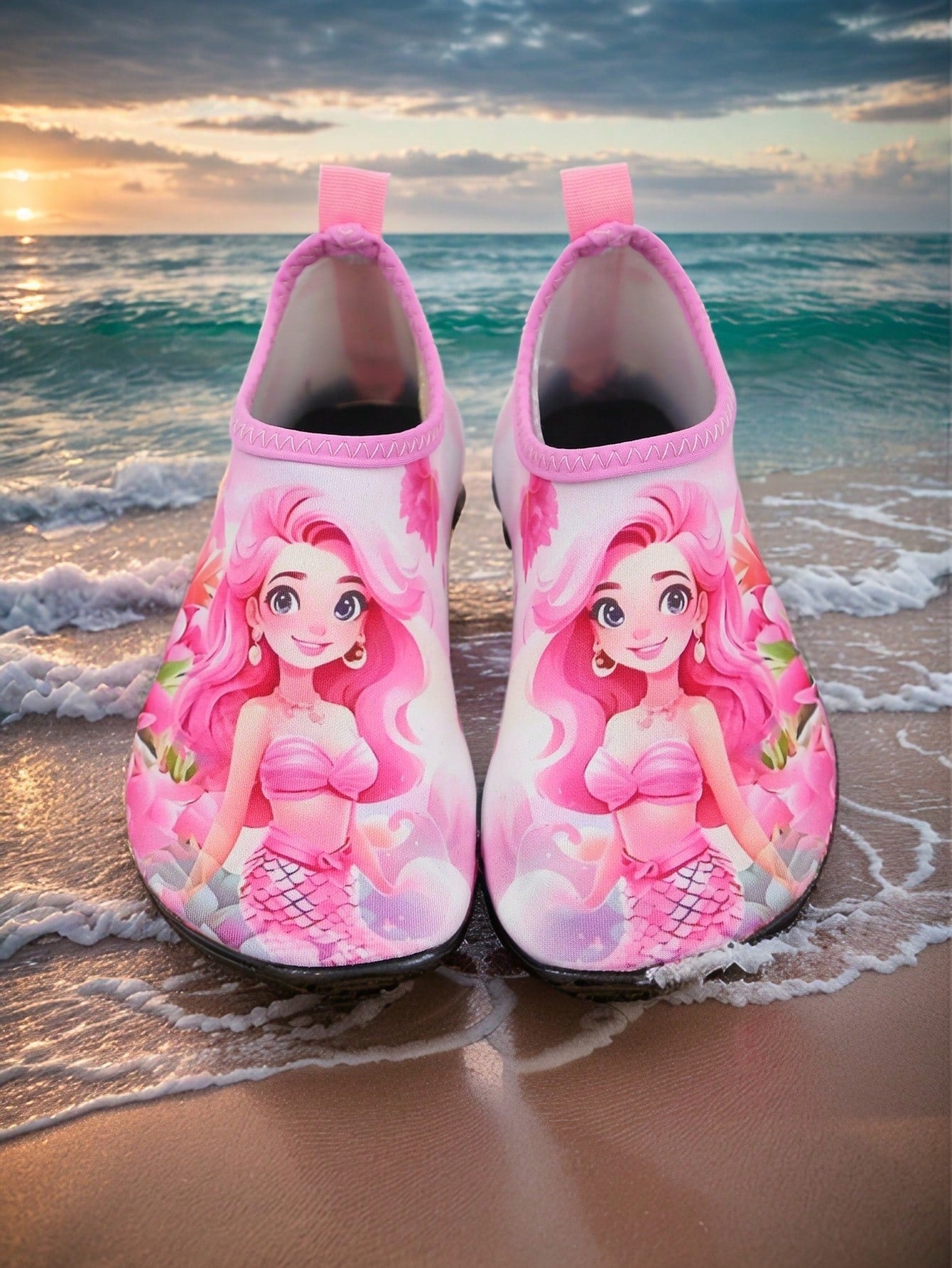 Kids slip-on aqua socks featuring geometric pattern, breathable Lycra upper, and non-slip TPR outsole for beach and water activities.