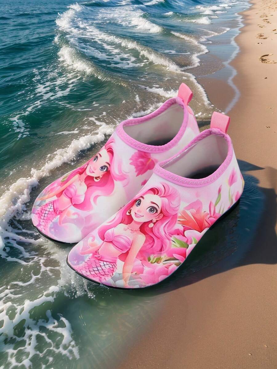 Kids slip-on aqua socks featuring geometric pattern, breathable Lycra upper, and non-slip TPR outsole for beach and water activities.