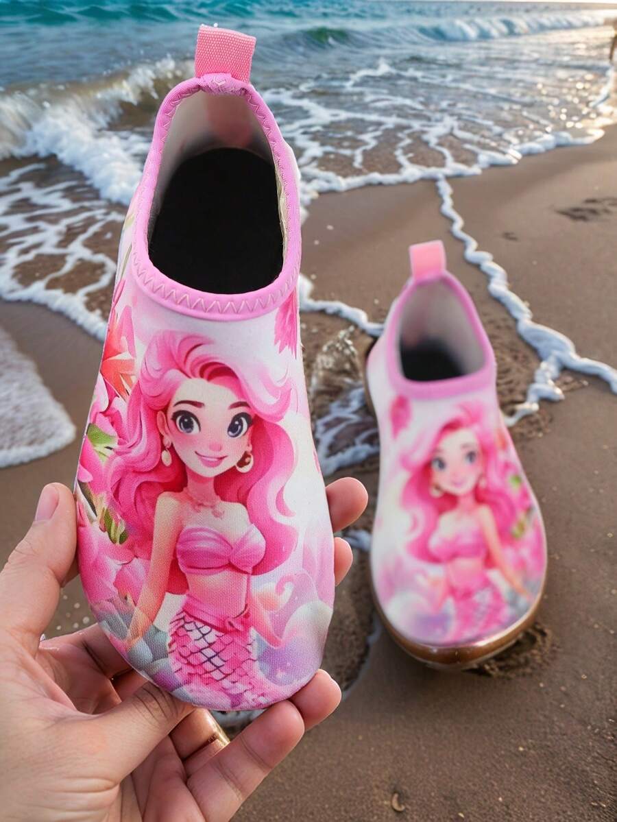 Kids slip-on aqua socks featuring geometric pattern, breathable Lycra upper, and non-slip TPR outsole for beach and water activities.