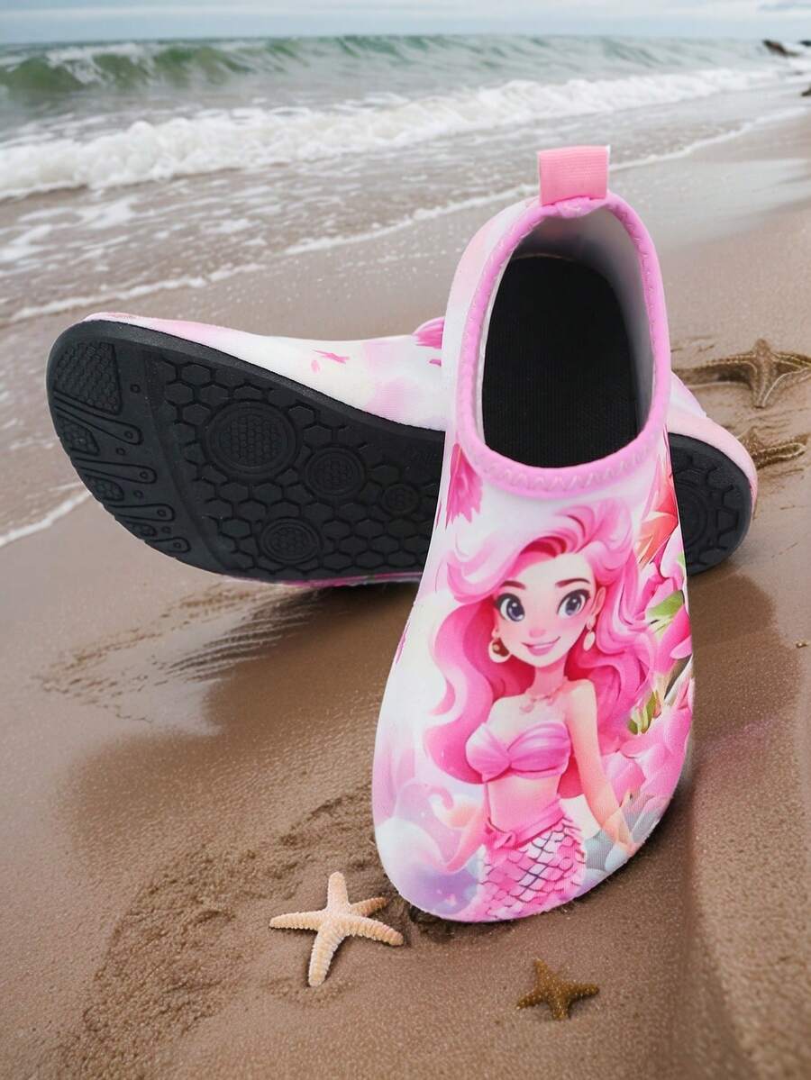 Kids slip-on aqua socks featuring geometric pattern, breathable Lycra upper, and non-slip TPR outsole for beach and water activities.