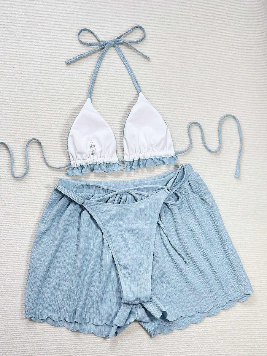 Women's 3-piece frill trim bikini set with halter tie-back top and high waist bottoms.