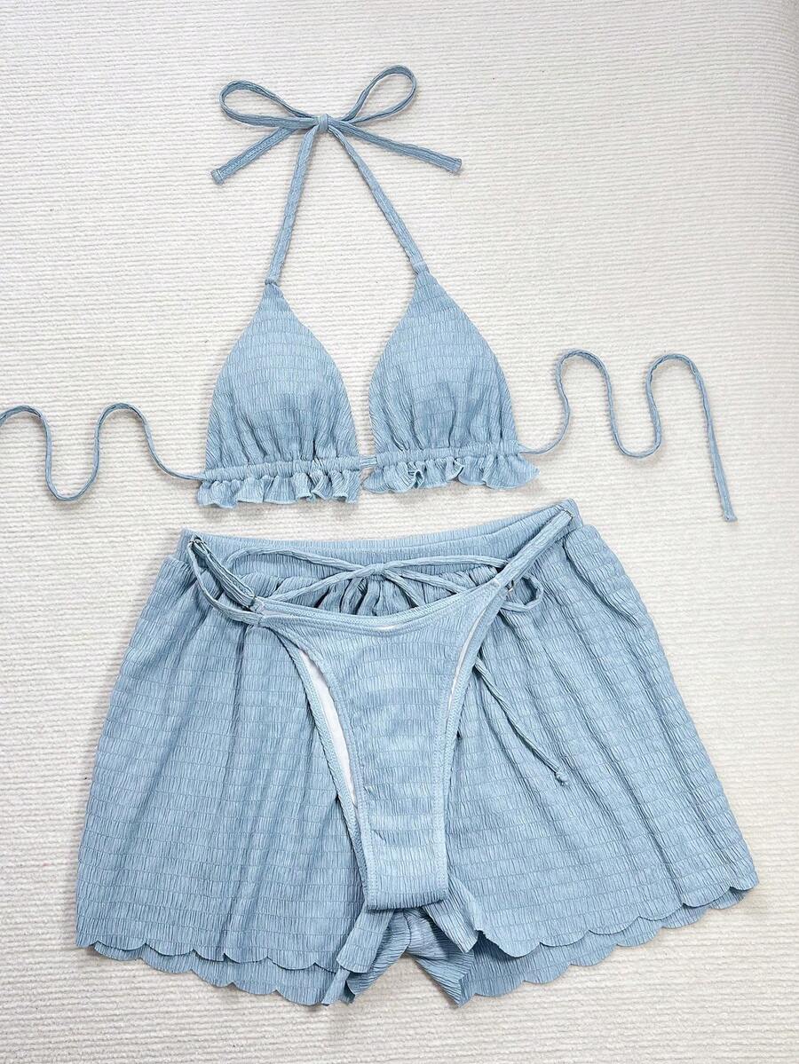 Women's 3-piece frill trim bikini set with halter tie-back top and high waist bottoms.