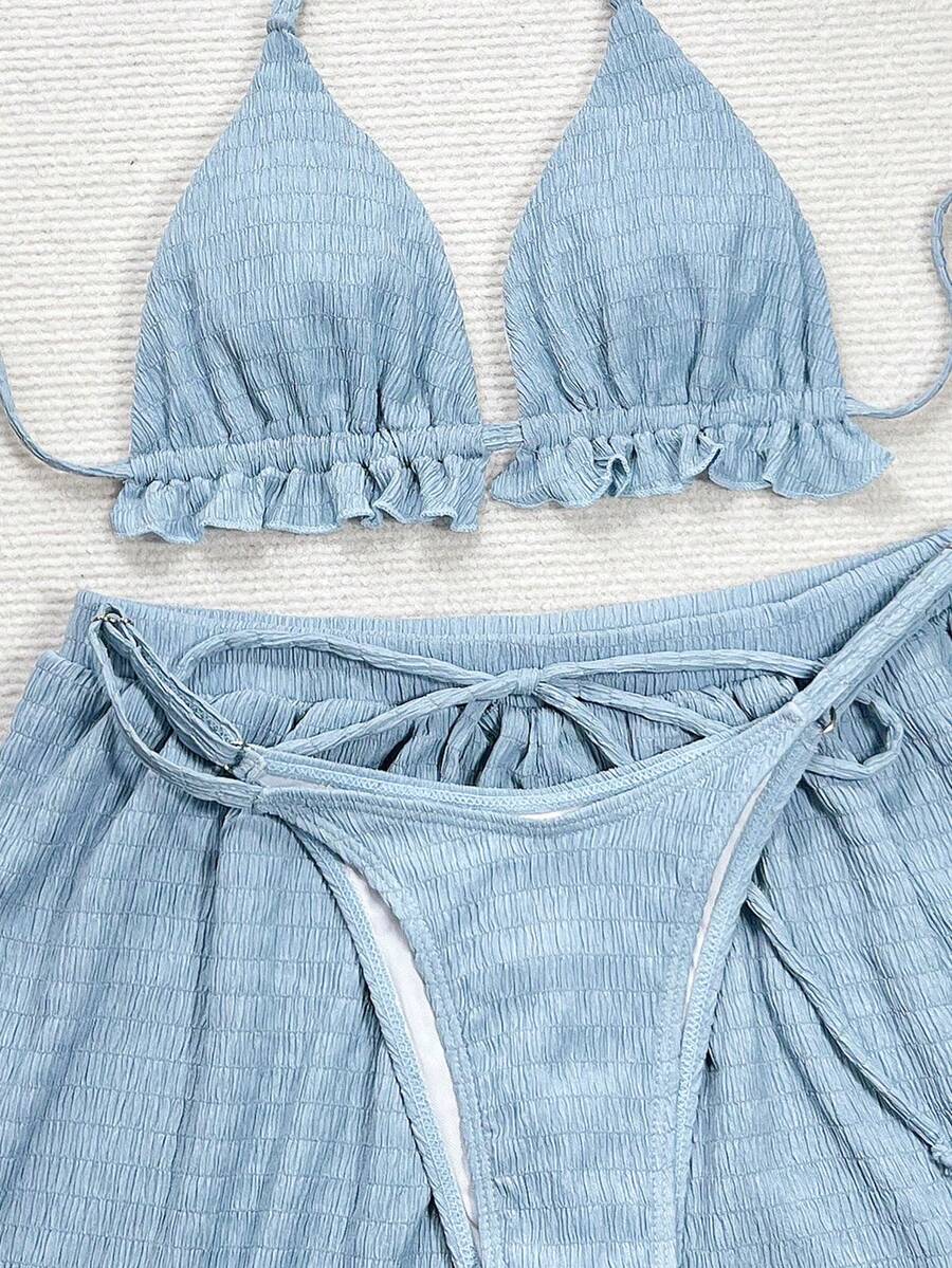Women's 3-piece frill trim bikini set with halter tie-back top and high waist bottoms.