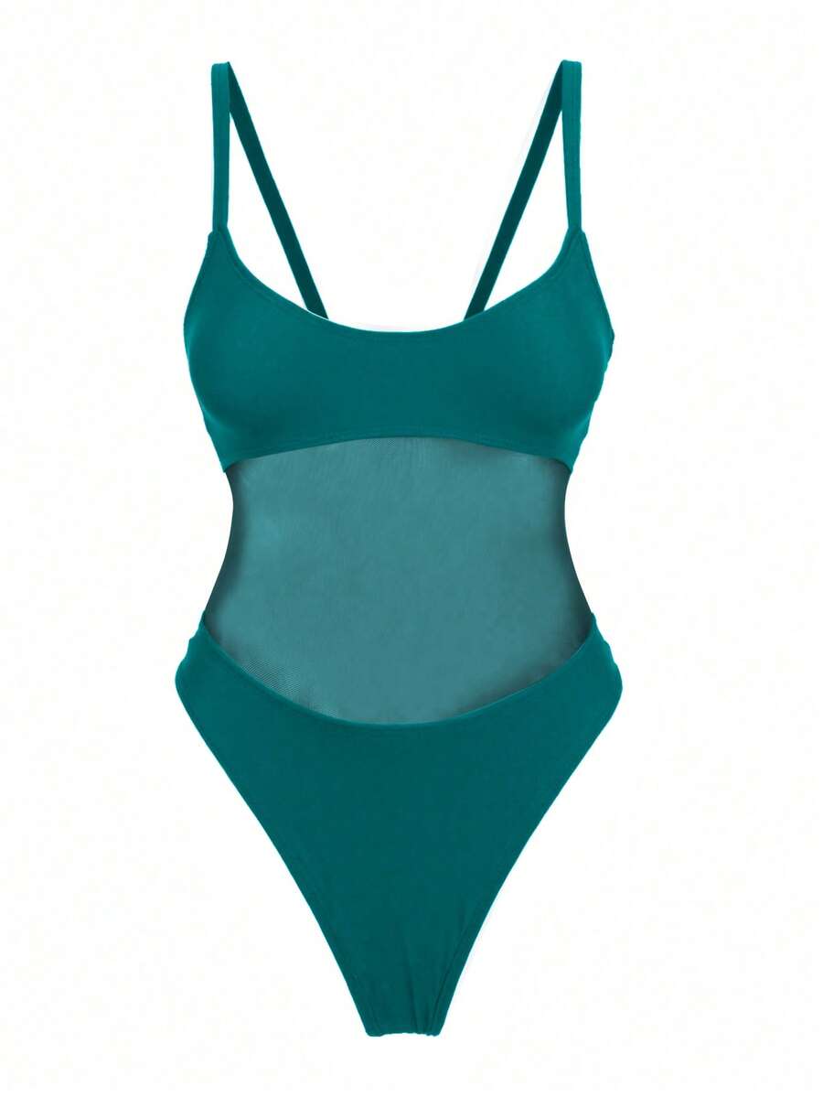 Black floral print mesh patchwork one-piece swimsuit for women featuring spaghetti straps, V-wired triangle cups, and a high waist silhouette.