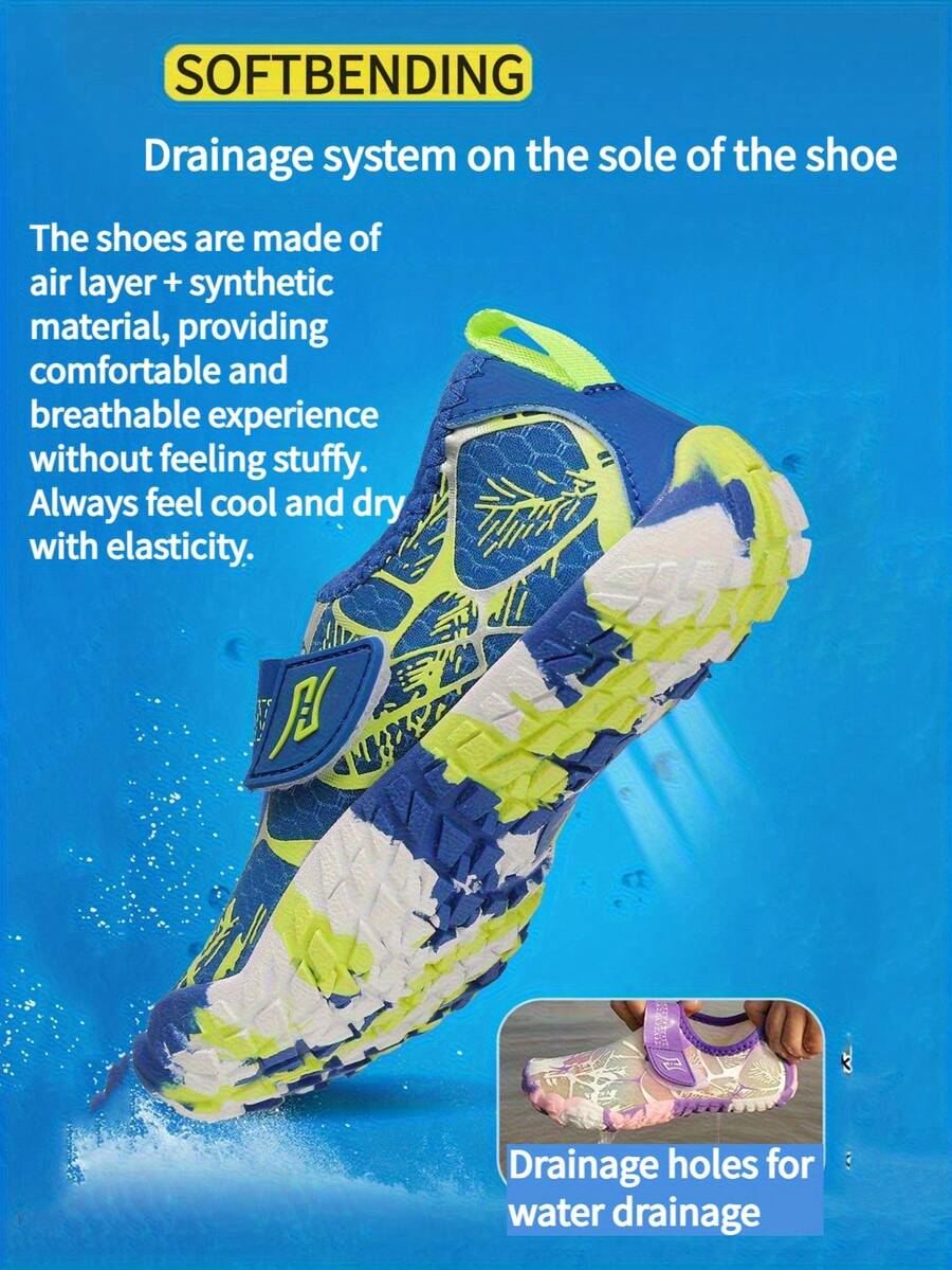 Black quick-dry kids water shoes featuring hook and loop closure and non-slip rubber outsole for boys and girls
