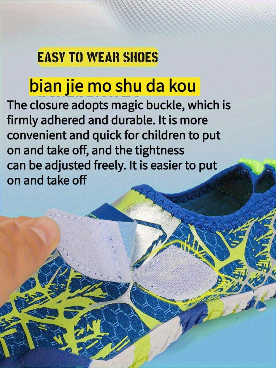 Black quick-dry kids water shoes featuring hook and loop closure and non-slip rubber outsole for boys and girls