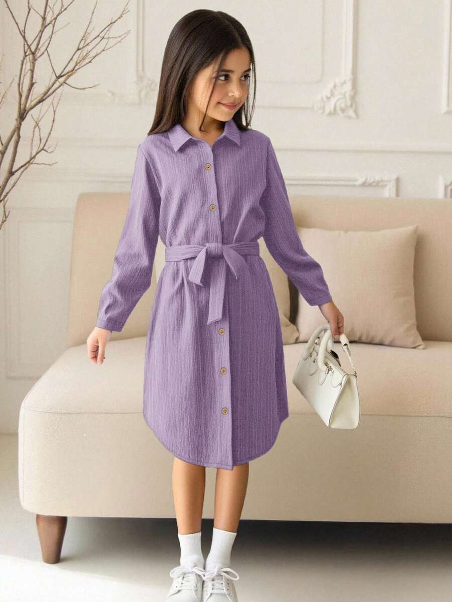 Royal blue tween girls polo collar midi shirt dress with long sleeves, a waist belt, and front button details.