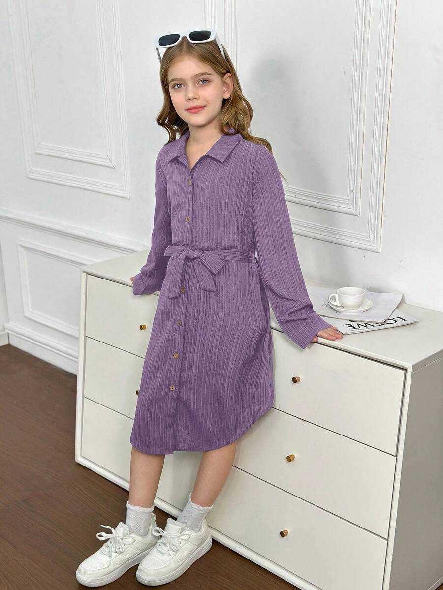 Royal blue tween girls polo collar midi shirt dress with long sleeves, a waist belt, and front button details.