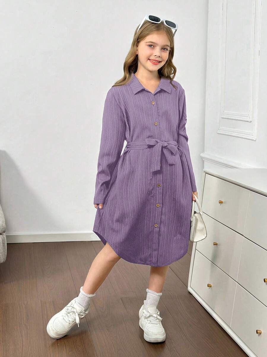 Royal blue tween girls polo collar midi shirt dress with long sleeves, a waist belt, and front button details.