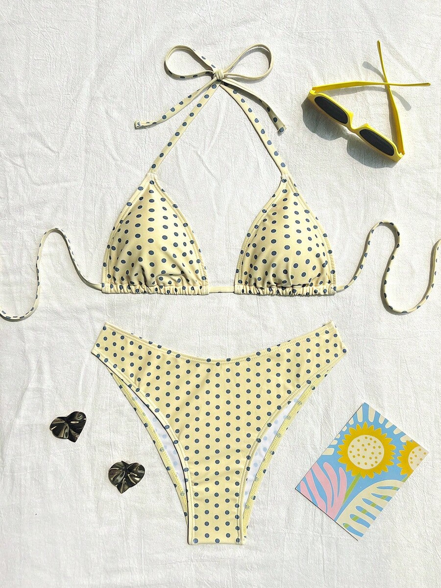 Women's apricot 2-piece halter bikini set featuring a wireless triangle top with tie-back detail and high-waisted high-cut bottoms.