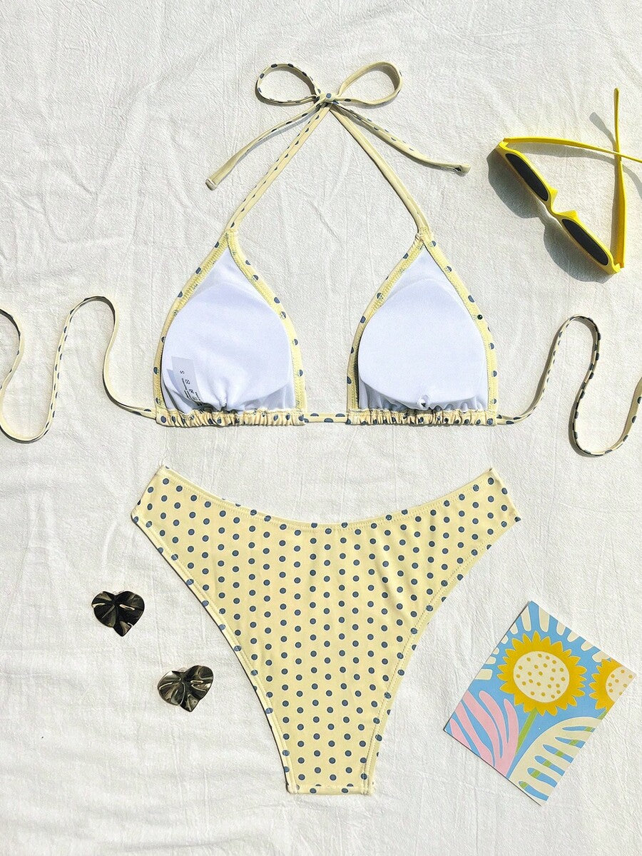 Women's apricot 2-piece halter bikini set featuring a wireless triangle top with tie-back detail and high-waisted high-cut bottoms.