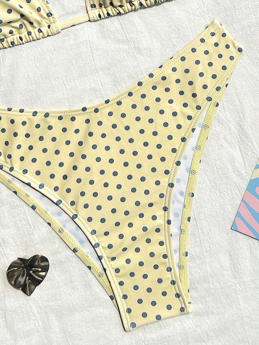 Women's apricot 2-piece halter bikini set featuring a wireless triangle top with tie-back detail and high-waisted high-cut bottoms.