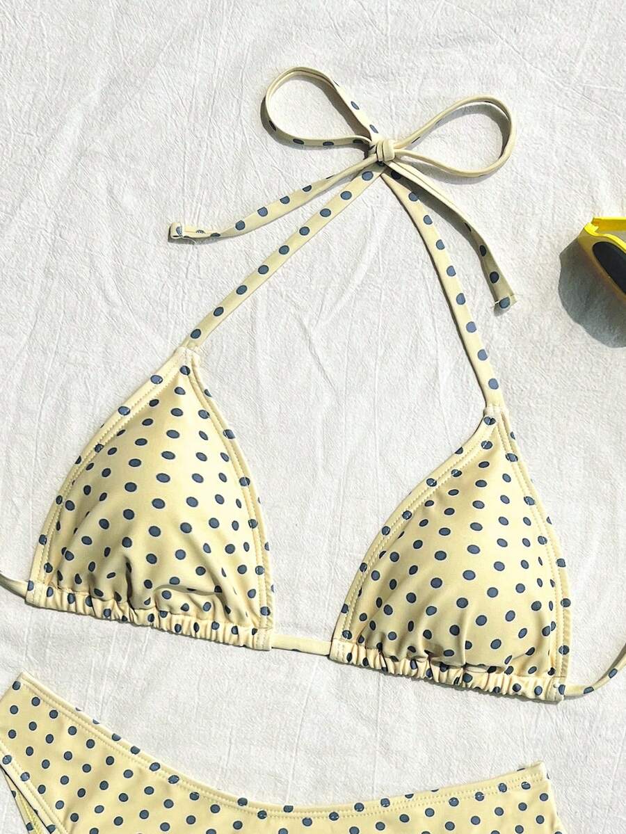 Women's apricot 2-piece halter bikini set featuring a wireless triangle top with tie-back detail and high-waisted high-cut bottoms.