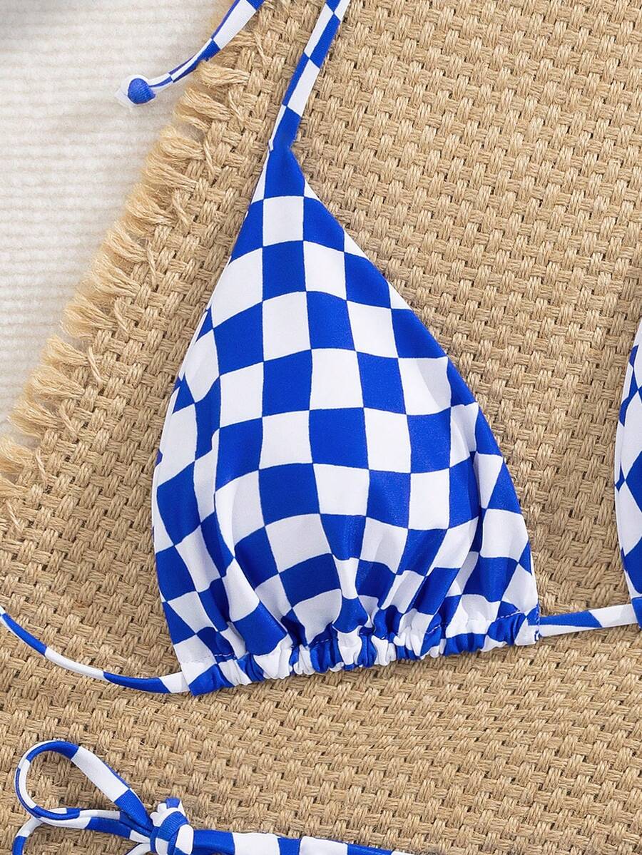Multicolor striped halter neck two-piece bikini set featuring wireless triangle cups and low-waist tie-side bottoms.