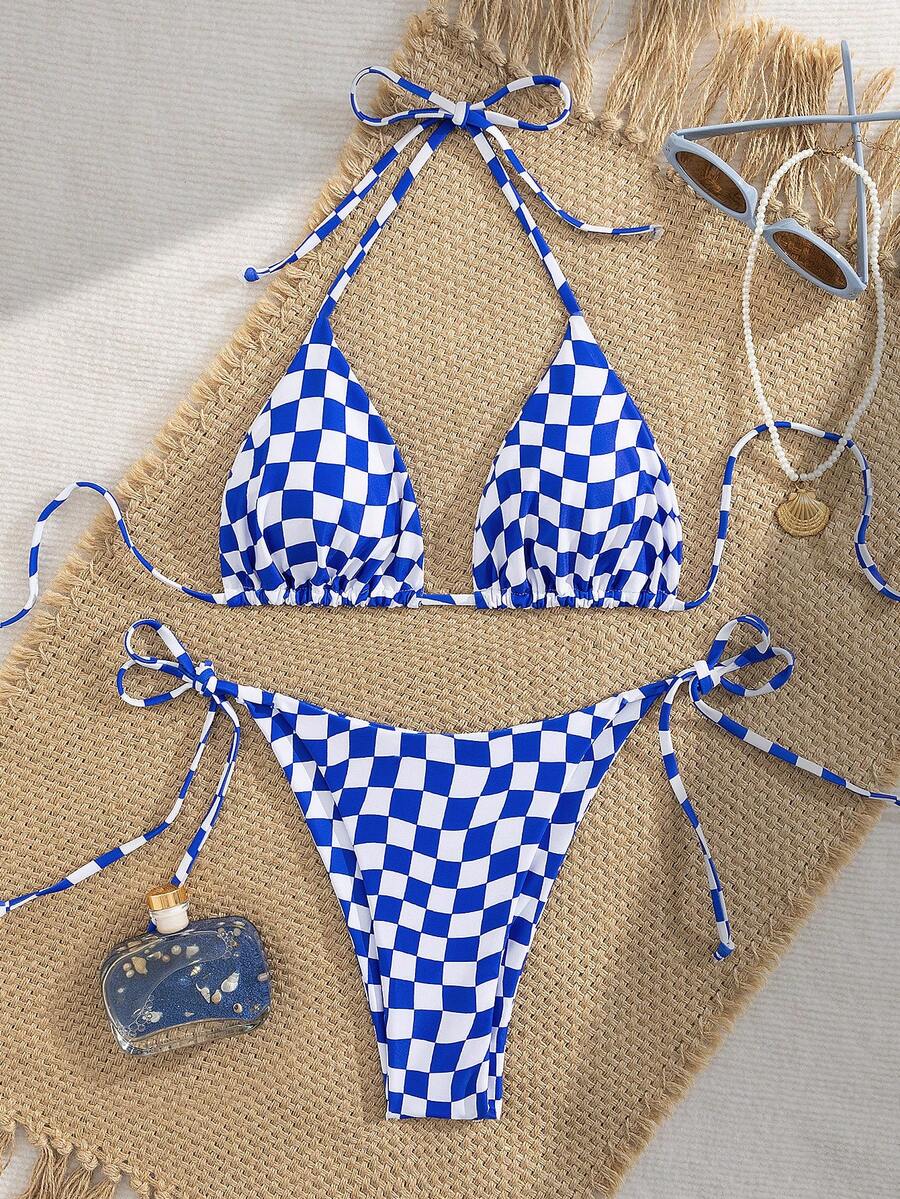 Multicolor striped halter neck two-piece bikini set featuring wireless triangle cups and low-waist tie-side bottoms.