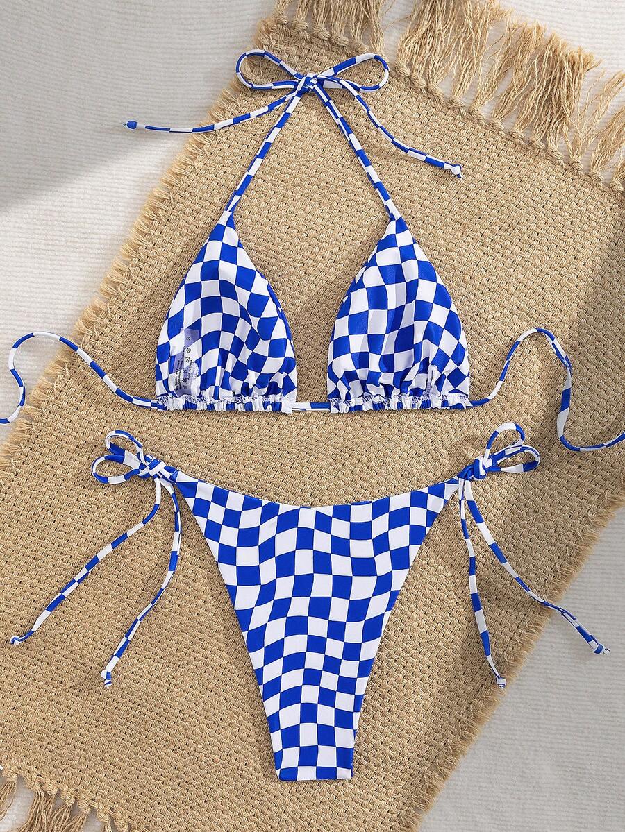 Multicolor striped halter neck two-piece bikini set featuring wireless triangle cups and low-waist tie-side bottoms.